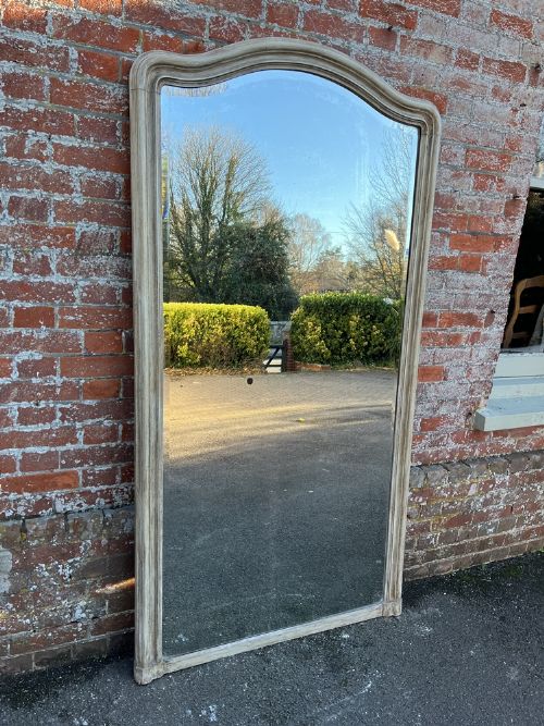 A Superb Large Antique French 19th Century Carved Wood Painted Shaped Top Plain Mirror.