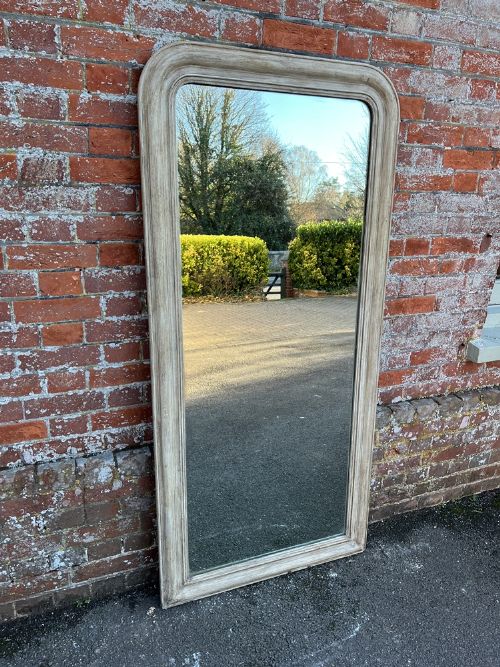 A Wonderful Large Antique French 19th Century Carved Wood & Gesso Arched Top Painted Mirror.