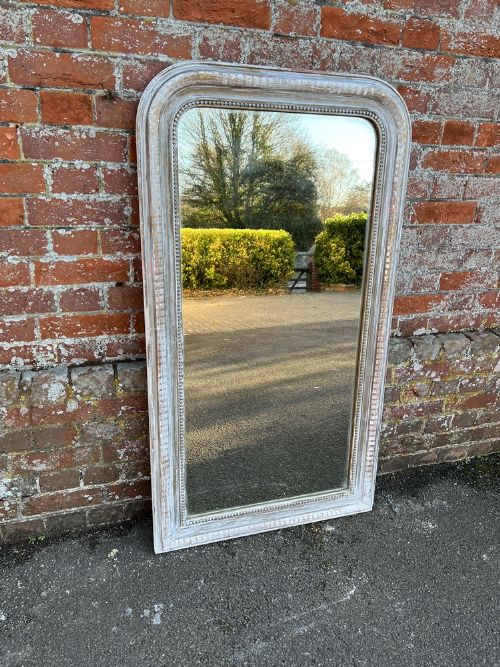 A Fabulous Good Size Antique French 19th Century Carved Wood & Gesso Arched Top Ribbed Painted & Gilt Mirror.