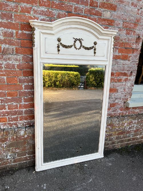 A Stunning Large Antique French 19th Century Carved Wood Painted Arched Top Trumeau Mirror.