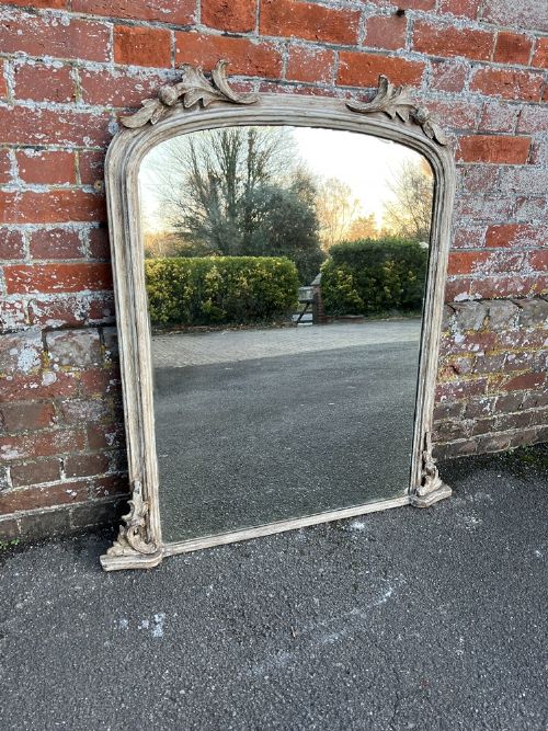 A Delightful Good Size Antique English 19th Century Carved Wood Arched Top Painted Overmantle Mirror.