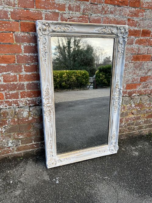 A Stunning Large Antique French 19th Century Carved Wood & Gesso Distressed Painted Mirror.