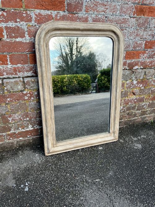 A Highly Useful Size Antique French 19th Century Carved Wood & Gesso Arched Top Painted Mirror.