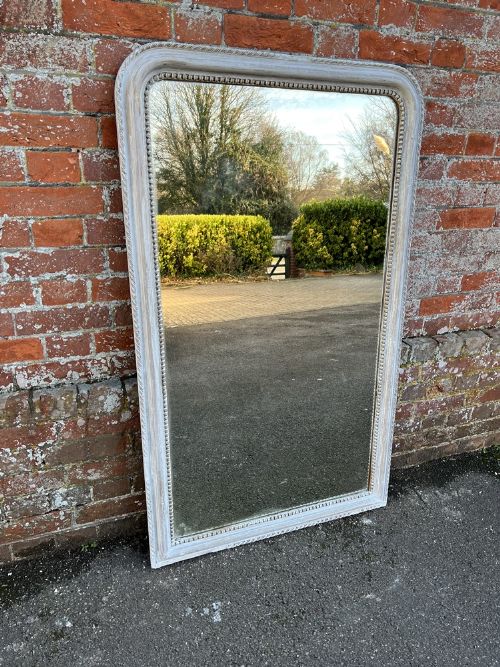 A Delightful Large Antique French 19th Century Carved Wood & Gesso Arched Top Ribbed Framed Distressed Painted  Mirror.