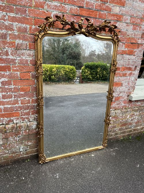 A Stunning Large Antique French 19th Century Carved Wood & Gesso Shaped Top Original Gilt Mirror.