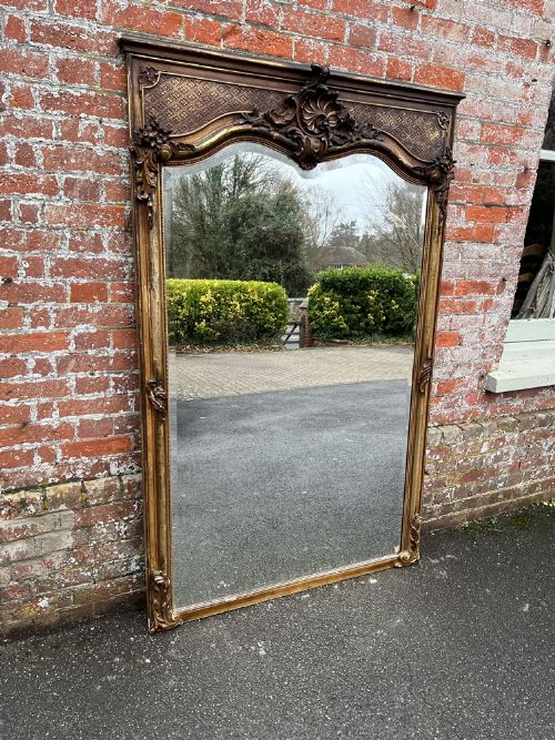 A Spectacular Large Antique French 19th Century Carved Wood & Gesso Shaped Top Original Silver/gilt Mirror, with Original Bevelled Mirror.