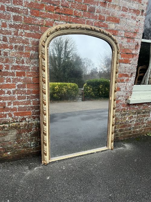 An Exceptional Large Antique French 19th Century Carved Wood & Gesso Original Gilt & Painted Rope Twist Framed Arched Top Mirror.
