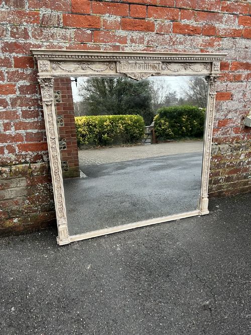 A Stunning Large Antique English 19th Century Carved Wood & Gesso Painted Overmantle Mirror.
