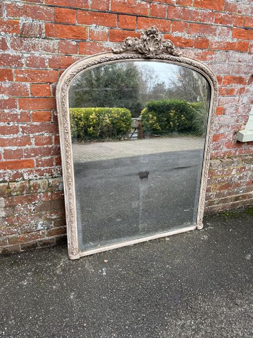 A Delightful Large Antique English 19th Century Carved Wood & Gesso Arched Top Painted Laurel Leaf Framed Overmantle Mirror.