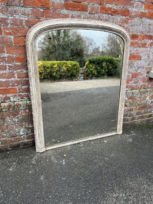 A Fabulous Large Antique English 19th Century Carved Wood & Gesso Arched Top Painted Overmantle Mirror.