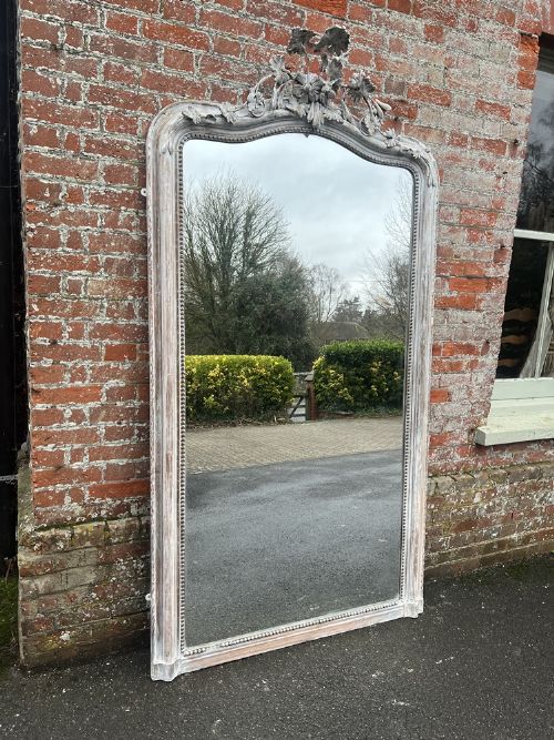 A Spectacular Large Antique French 19th Century Carved Wood & Gesso Shaped Top Distressed Painted Mirror.
