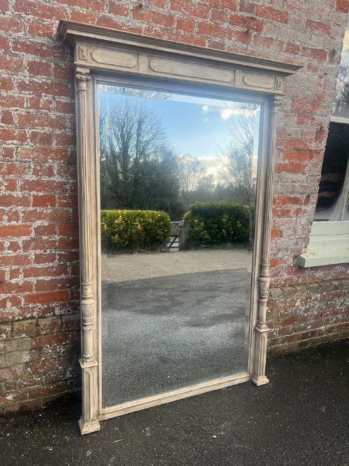 A Superb Large Antique French 19th Century Carved Wood Painted Column Mirror.