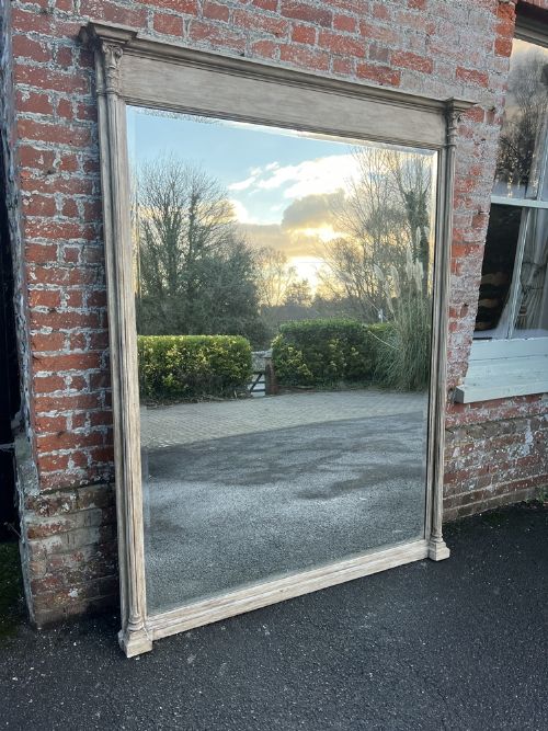A Spectacular Large Antique French 19th Century Carved Wood Painted Column Mirror.