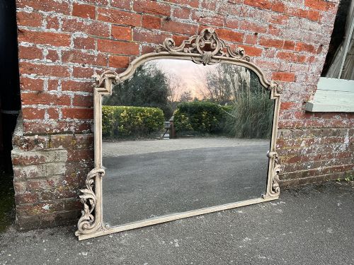A Fabulous Large Antique English 19th Century Carved Wood Painted Shaped Top Overmantle Mirror.