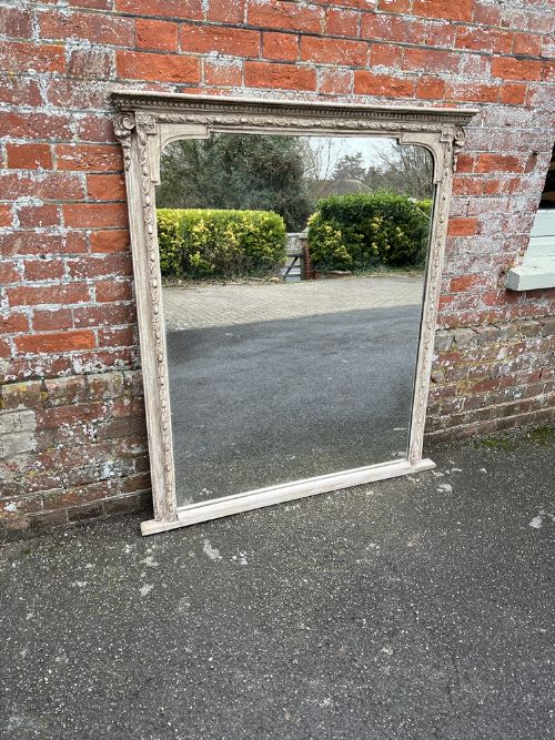 A Superb Large Antique English 19th Century Carved Wood & Gesso Painted Overmantle Mirror.