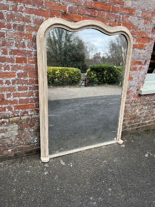 An Exceptional Large Antique English 19th Century Carved Wood & Gesso Shaped Top Painted Overmantle Mirror.