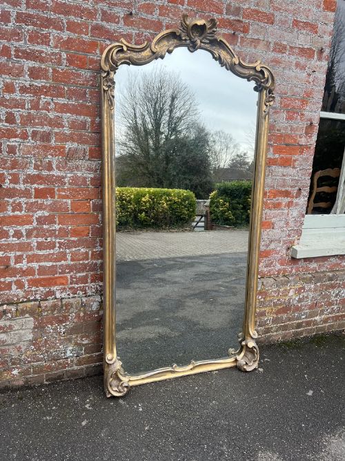 A Spectacular Large Antique French 19th Century Carved Wood & Gesso Shaped Top Gilt Mirror