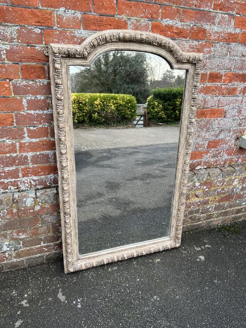 A Delightful Large Antique French 19th Century Carved Wood & Gesso Shaped Top Painted Mirror.
