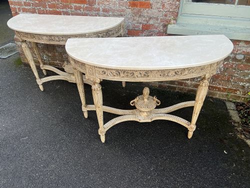 A Beautiful Pair of French Early 20th Century Carved Wood Painted Console Tables.