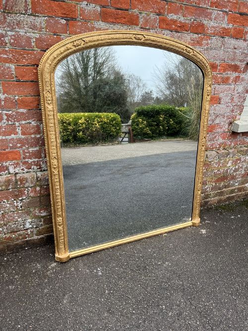 A Superb Good Size Antique English 19th Century Carved Wood & Gesso Arched Top Original Gilt Overmantle Mirror.