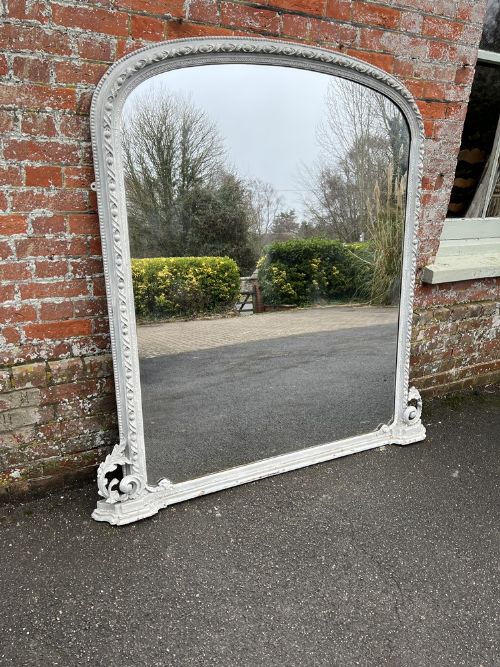 A Fabulous Large Antique English 19th Century Carved Wood & Gesso Arched Top Painted Overmantle Mirror.