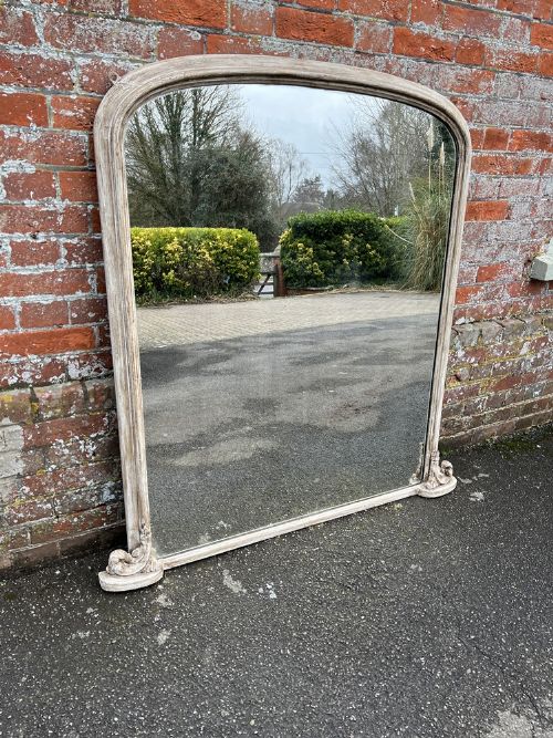 A Wonderful Large Antique English 19th Century Carved Wood & Gesso Arched Top Painted Mirror.