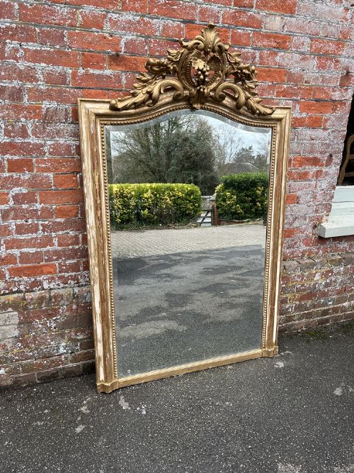 A Spectacular Large Antique French 19th Century Carved Wood & Gesso Shaped Top Original Distressed Gilt Mirror.