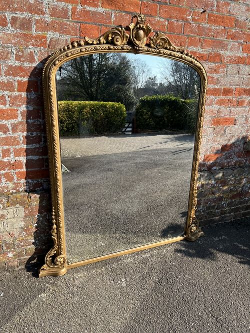 A Superb Large Antique English 19th Century Carved Wood & Gesso Arched Top Original Gilt Overmantle Mirror.