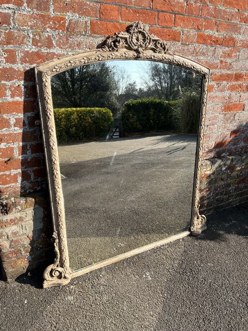 A Wonderful Large Antique English 19th Century Carved Wood & Gesso Shape Top Painted Overmantle Mirror.