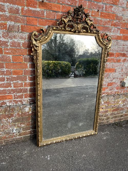 A Superb Large Antique French 19th Century Carved Wood & Gesso Original Gilt Shaped Top Mirror.