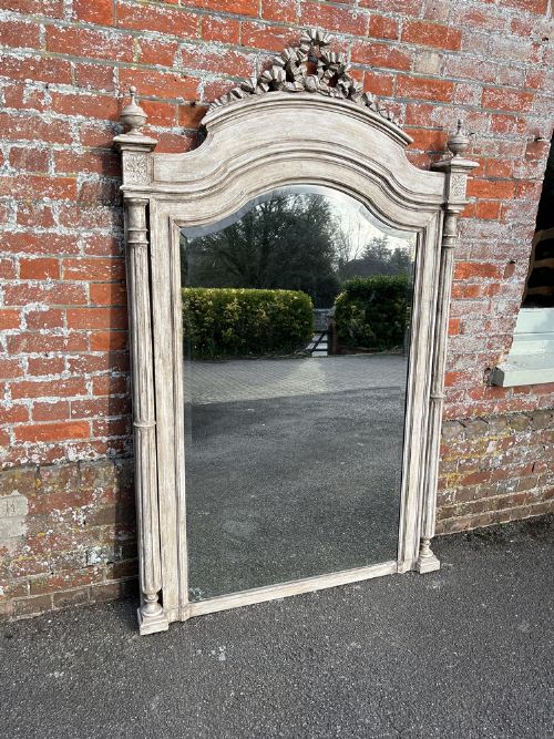 A Stunning Large Antique French 19th Century Carved Wood Painted Shaped Top Mirror.