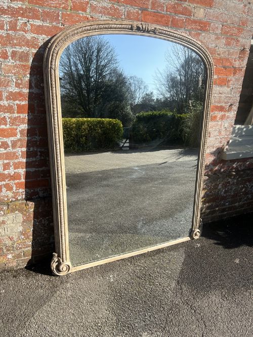 An Exceptional Large Antique English 19th Century Carved Wood & Gesso Arched Top Painted Overmantle Mirror.