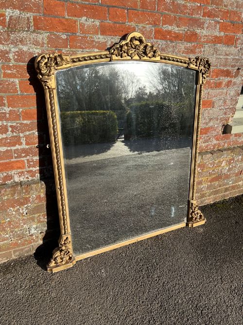 A Superb Large Antique English 19th Century Carved Wood & Gesso Shaped Top Original Gilt Overmantle Mirror.