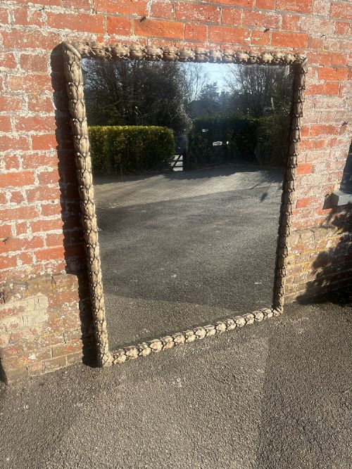 A Spectacular Large Antique French 19th Century Carved Wood Painted Decorative Leaf Framed Mirror.
