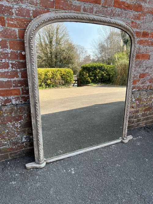 A Wonderful Large Antique English 19th Century Carved Wood & Gesso Arched Top Painted Overmantle Mirror.