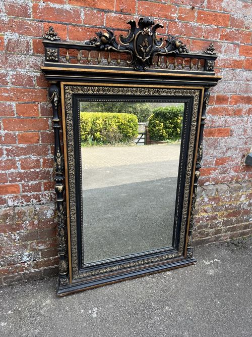 A Fabulous Large Antique French 19th Century Carved Wood & Gesso Original Black & Gilt Mirror.