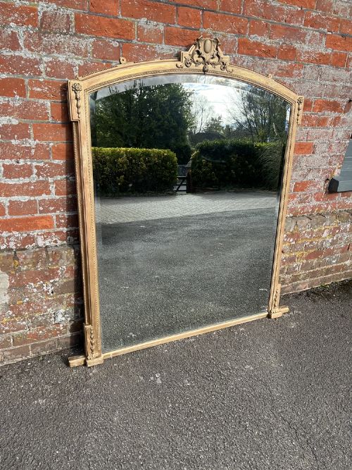 A Stunning Large Antique English 19th Century Carved Wood & Gesso Shaped Top Gilt Overmantle Mirror.