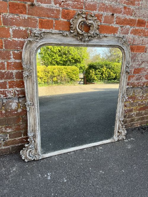 A Wonderful Good Size Antique English 19th Century Carved Wood & Gesso Painted Overmantle Mirror.