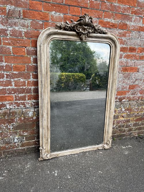 A Delightful Large Antique French 19th Century Carved Wood & Gesso Arched Top Painted Mirror.