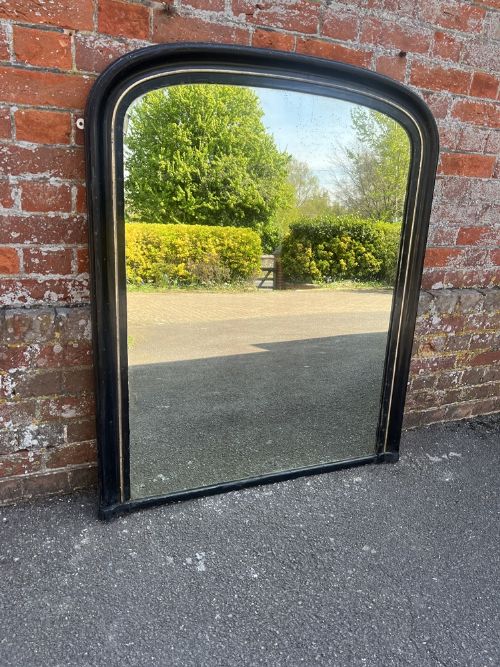A Wonderful Good Size Antique English 19th Century Carved Wood & Gesso Original Black & Silver Painted Overmantle Mirror.
