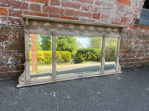 A Fabulous Highly Useful Size Antique English 19th Century Carved Wood & Gesso Triple Plate Painted Overmantle Mirror.