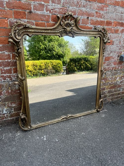 An Exceptional Large Antique English 19th Century Carved Wood & Gesso Gilt Ornate Framed Overmantle Mirror.