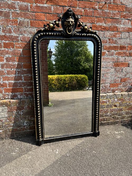 A Delightful Large Antique French 19th Century Carved Wood & Gesso Arched Top Painted Black & Gilt Mirror.