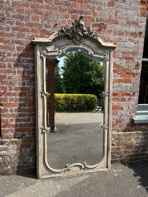 A Sensational Large Antique French 19th Century Carved Wood Painted Shaped Top Mirror.