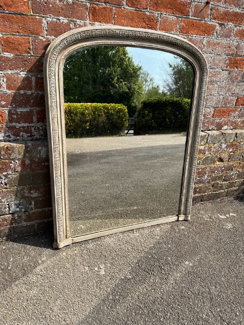 A Superb Good Size Antique English 19th Century Carved Wood & Gesso Arched Top Painted Overmantle Mirror.
