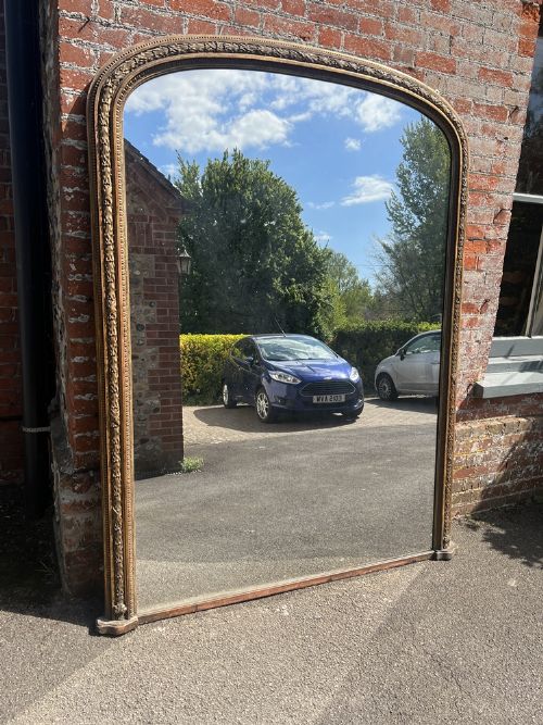 An Exceptional Large Antique English 19th Century Carved Wood & Gesso Arched Top Original Gilt Overmantle Mirror.