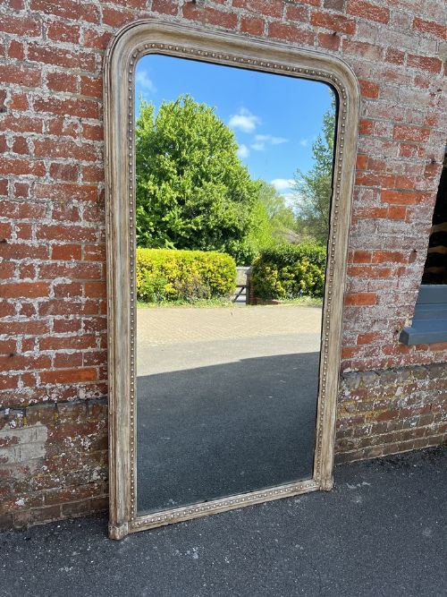 A Spectacular Large Antique French 19th Century Carved Wood & Gesso Arched Top Painted Louis Philippe Mirror.
