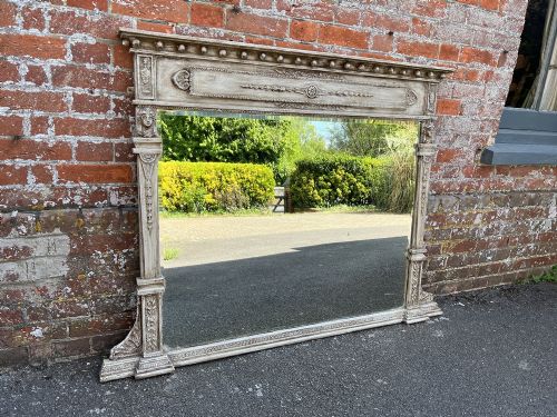 An Exceptional Good Size Antique English 19th Century Carved Wood & Gesso Painted Overmantle Mirror.