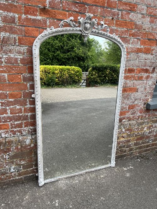 A Stunning Large Antique English 19th Century Carved Wood & Gesso Arched Top Painted Mirror.