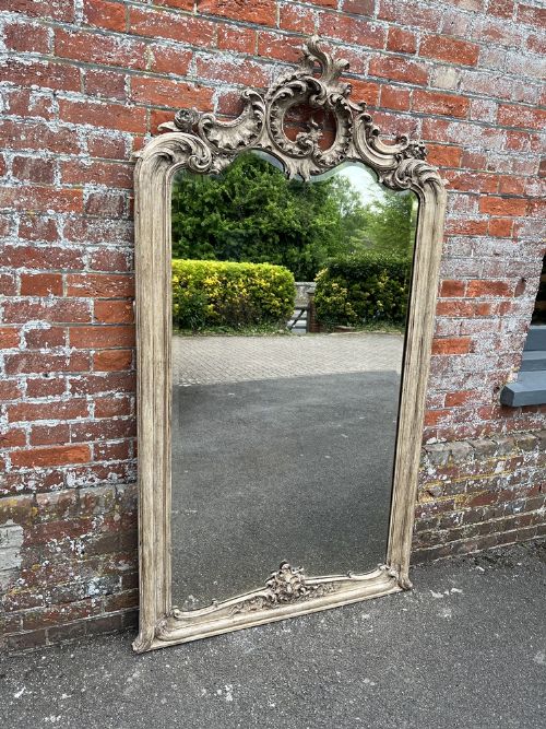 A Spectacular Large Antique French 19th Century Carved Wood Painted Shaped Top Mirror.